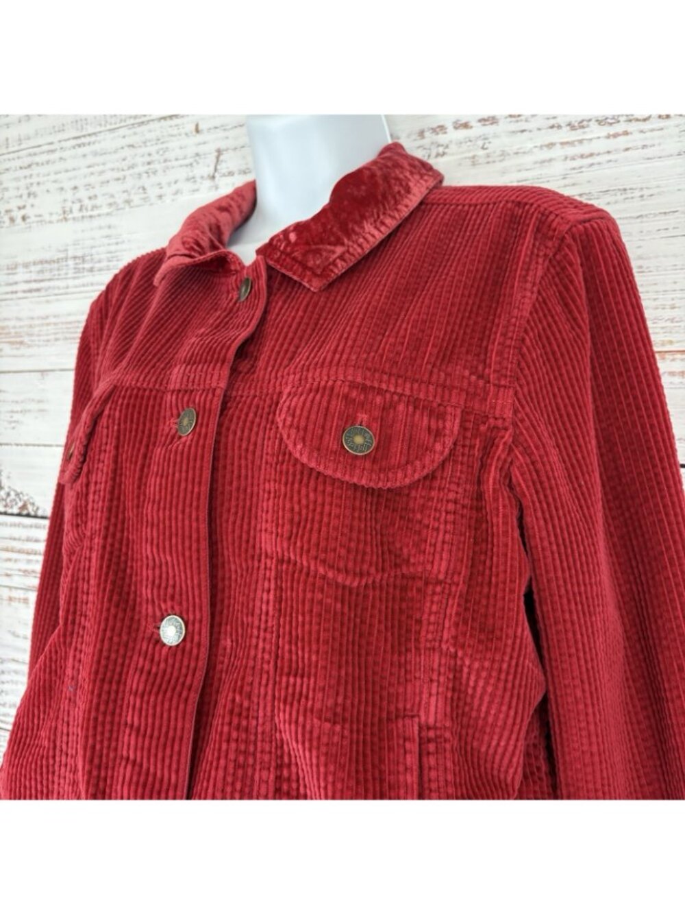 J.Jill Red Corduroy Velvet Trim Button Front Long Sleeve Jacket - Picture 2 of 14